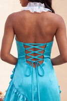 Laden Sie das Bild in den Galerie-Viewer, Bodycon Lake Blue Neckholderhals Satin Rüschen Schnürung Kurzes Abendkleid mit 3D-Blumen