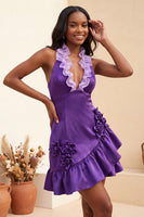 Laden Sie das Bild in den Galerie-Viewer, Bodycon Lake Blue Neckholderhals Satin Rüschen Schnürung Kurzes Abendkleid mit 3D-Blumen