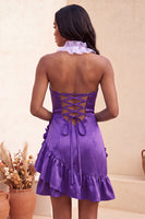 Laden Sie das Bild in den Galerie-Viewer, Bodycon Lake Blue Neckholderhals Satin Rüschen Schnürung Kurzes Abendkleid mit 3D-Blumen