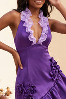 Laden Sie das Bild in den Galerie-Viewer, Bodycon Lake Blue Neckholderhals Satin Rüschen Schnürung Kurzes Abendkleid mit 3D-Blumen