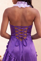 Laden Sie das Bild in den Galerie-Viewer, Bodycon Lake Blue Neckholderhals Satin Rüschen Schnürung Kurzes Abendkleid mit 3D-Blumen