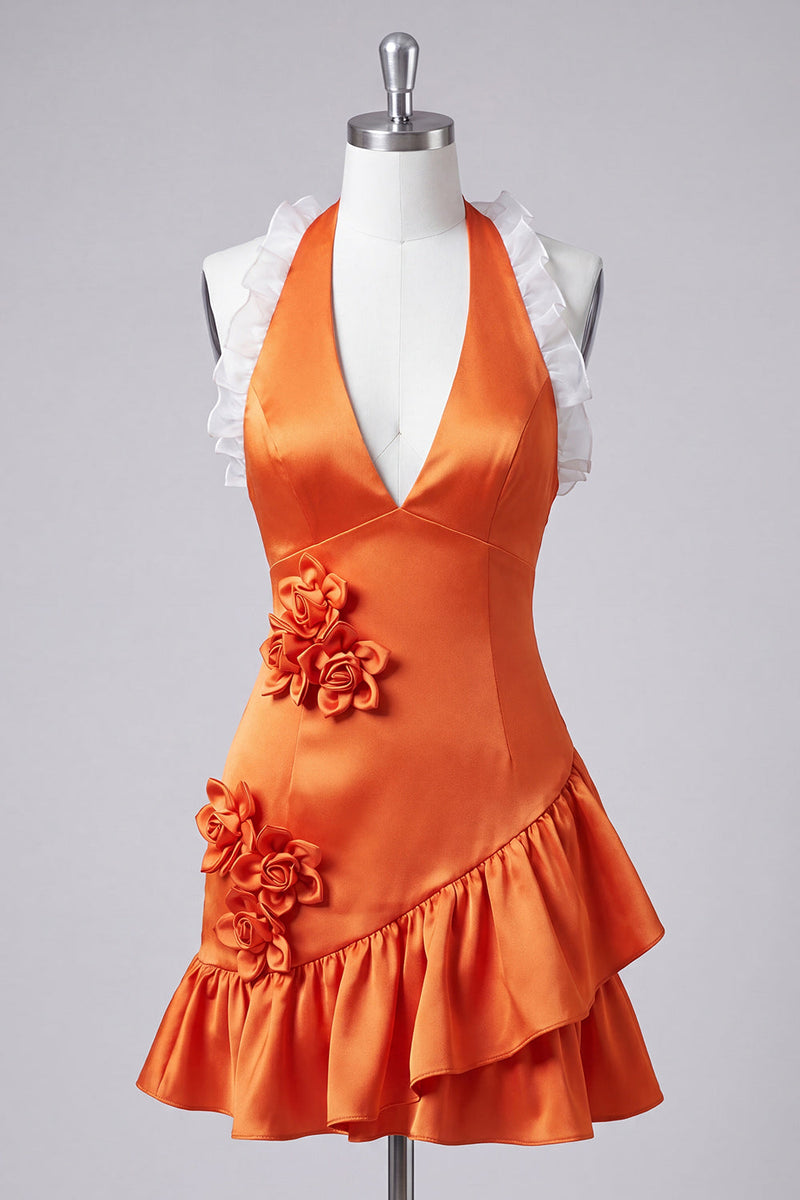 Laden Sie das Bild in den Galerie-Viewer, Orange Halterhals Satin Bodycon Rüschen Schnürung Kurzes Abendkleid mit 3D-Blumen