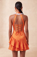 Laden Sie das Bild in den Galerie-Viewer, Orange Halterhals Satin Bodycon Rüschen Schnürung Kurzes Abendkleid mit 3D-Blumen