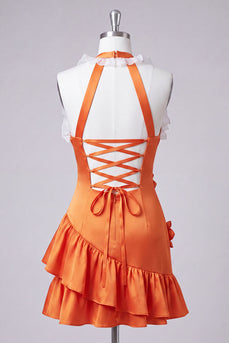 Orange Halterhals Satin Bodycon Rüschen Schnürung Kurzes Abendkleid mit 3D-Blumen