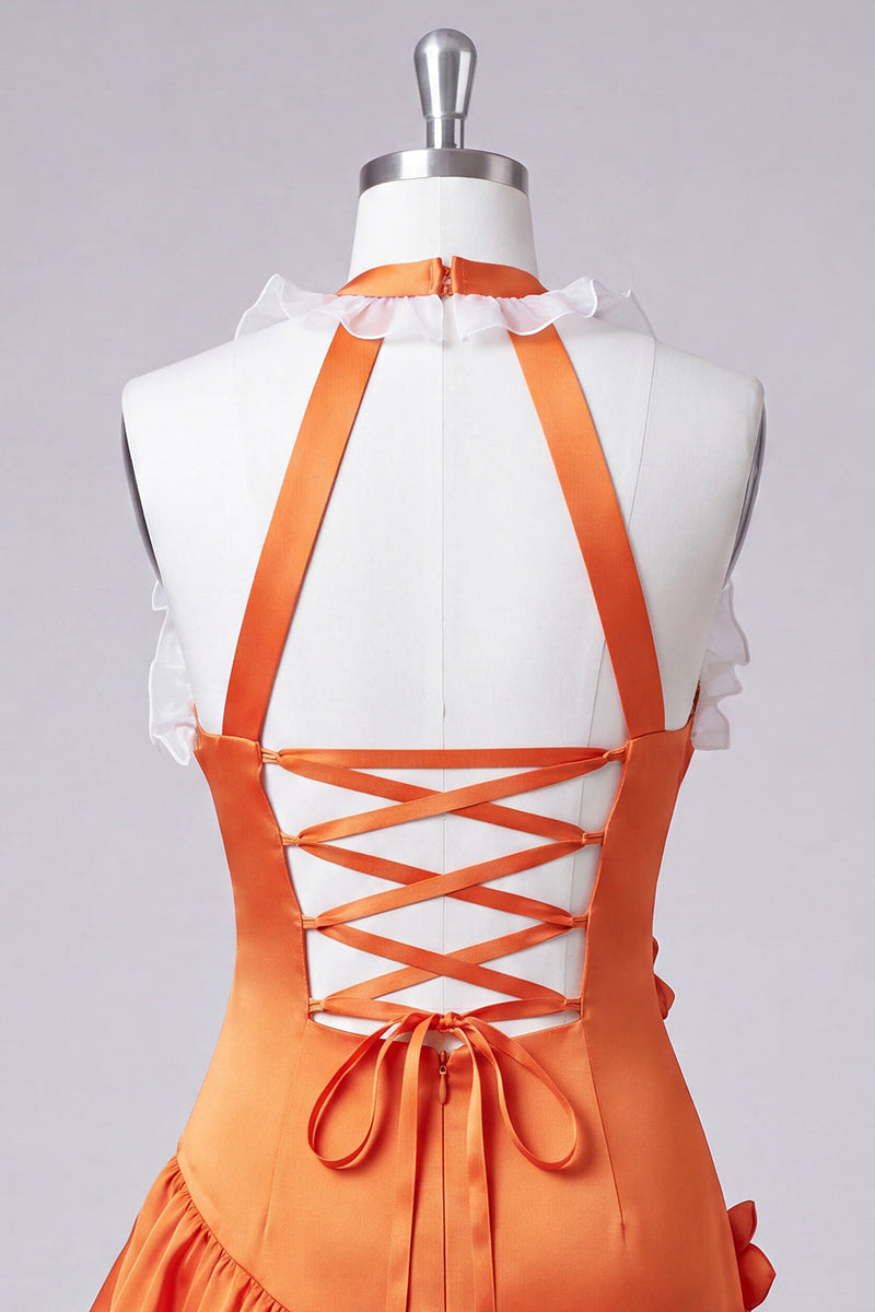 Laden Sie das Bild in den Galerie-Viewer, Orange Halterhals Satin Bodycon Rüschen Schnürung Kurzes Abendkleid mit 3D-Blumen