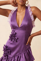 Laden Sie das Bild in den Galerie-Viewer, Orange Halterhals Satin Bodycon Rüschen Schnürung Kurzes Abendkleid mit 3D-Blumen