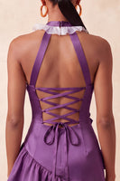 Laden Sie das Bild in den Galerie-Viewer, Orange Halterhals Satin Bodycon Rüschen Schnürung Kurzes Abendkleid mit 3D-Blumen