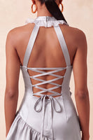 Laden Sie das Bild in den Galerie-Viewer, Orange Halterhals Satin Bodycon Rüschen Schnürung Kurzes Abendkleid mit 3D-Blumen