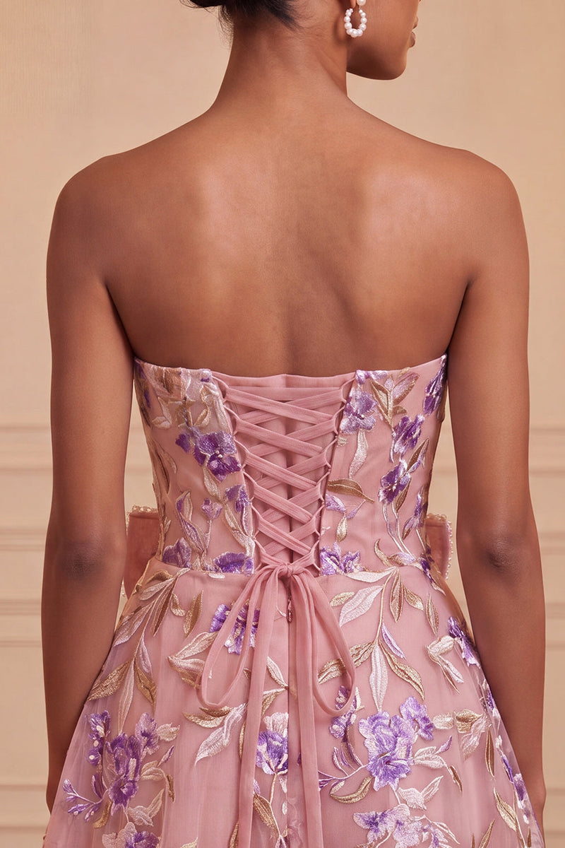 Laden Sie das Bild in den Galerie-Viewer, Salbeigrünes, trägerloses A-Linien-Sticker-Perlen-Schnürsenkelkleid mit Back-Homecoming-Kleid mit Schleife