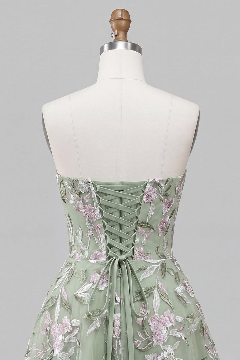 Laden Sie das Bild in den Galerie-Viewer, Salbeigrünes, trägerloses A-Linien-Sticker-Perlen-Schnürsenkelkleid mit Back-Homecoming-Kleid mit Schleife