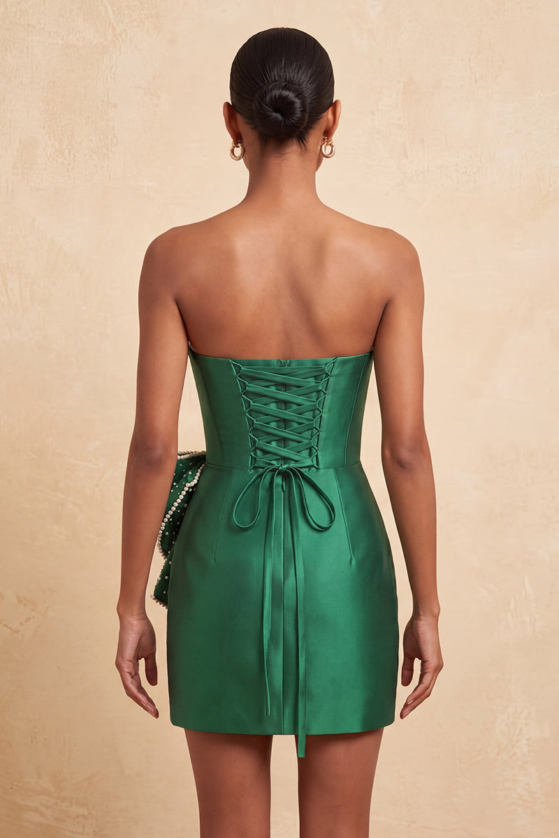 Laden Sie das Bild in den Galerie-Viewer, Dunkelgrünes, trägerloses Bodycon Perlmutt-Schnürk-Back-Homecoming-Kleid mit Schleife an der Taille