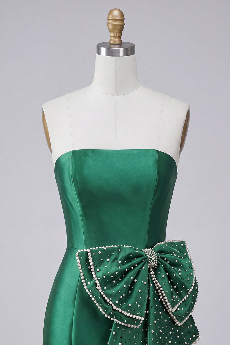 Laden Sie das Bild in den Galerie-Viewer, Dunkelgrünes, trägerloses Bodycon Perlmutt-Schnürk-Back-Homecoming-Kleid mit Schleife an der Taille
