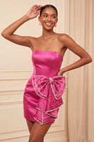 Laden Sie das Bild in den Galerie-Viewer, Dunkelgrünes, trägerloses Bodycon Perlmutt-Schnürk-Back-Homecoming-Kleid mit Schleife an der Taille