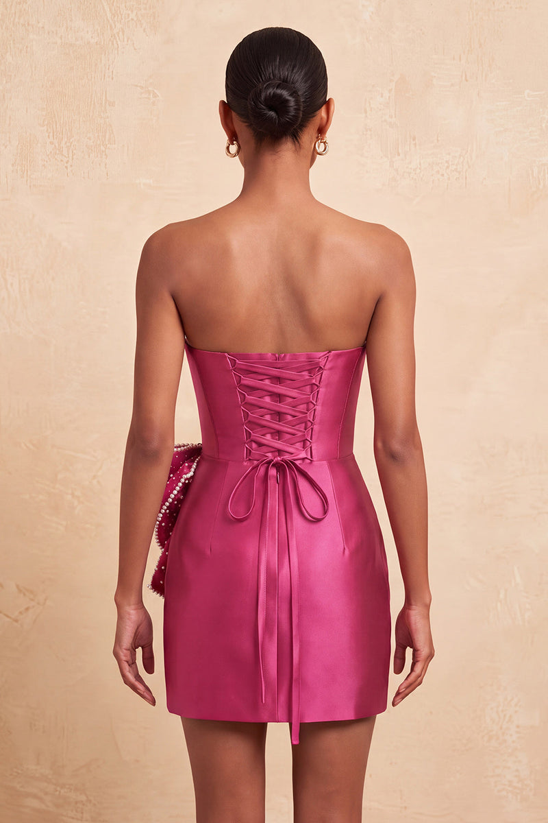 Laden Sie das Bild in den Galerie-Viewer, Dunkelgrünes, trägerloses Bodycon Perlmutt-Schnürk-Back-Homecoming-Kleid mit Schleife an der Taille