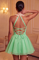 Laden Sie das Bild in den Galerie-Viewer, Gelbes A-Linie Neckholder Rüschen Kurzes Abendkleid mit Schnürung