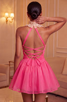 Laden Sie das Bild in den Galerie-Viewer, Gelbes A-Linie Neckholder Rüschen Kurzes Abendkleid mit Schnürung
