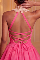Laden Sie das Bild in den Galerie-Viewer, Gelbes A-Linie Neckholder Rüschen Kurzes Abendkleid mit Schnürung