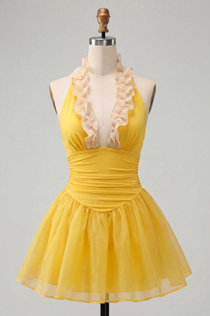 Laden Sie das Bild in den Galerie-Viewer, Gelbes A-Linie Neckholder Rüschen Kurzes Abendkleid mit Schnürung