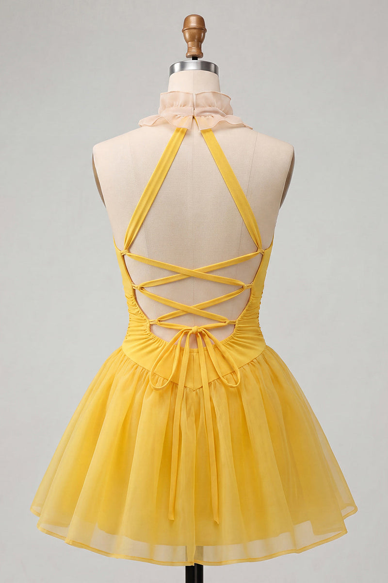 Laden Sie das Bild in den Galerie-Viewer, Gelbes A-Linie Neckholder Rüschen Kurzes Abendkleid mit Schnürung