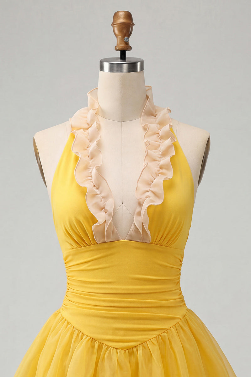 Laden Sie das Bild in den Galerie-Viewer, Gelbes A-Linie Neckholder Rüschen Kurzes Abendkleid mit Schnürung