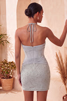 Laden Sie das Bild in den Galerie-Viewer, Navy Bodycon Neckholder-Korsett, gerafftes Homecoming-Kleid mit Perlen