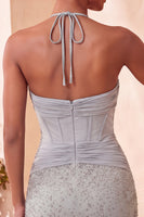 Laden Sie das Bild in den Galerie-Viewer, Navy Bodycon Neckholder-Korsett, gerafftes Homecoming-Kleid mit Perlen