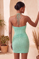 Laden Sie das Bild in den Galerie-Viewer, Navy Bodycon Neckholder-Korsett, gerafftes Homecoming-Kleid mit Perlen