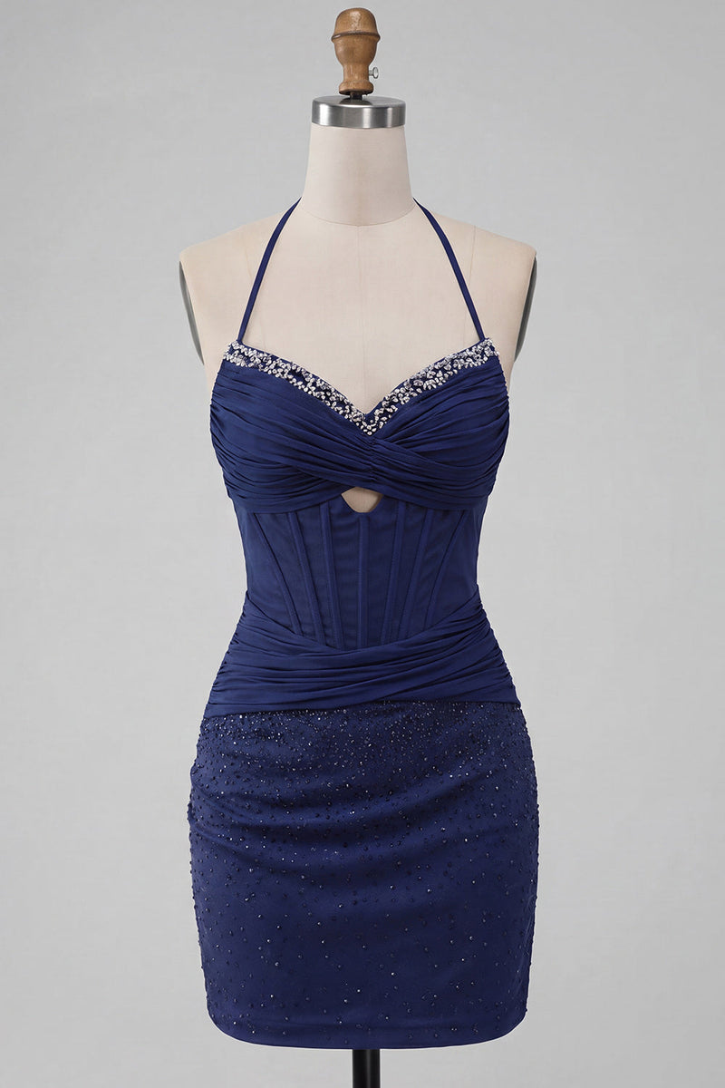 Laden Sie das Bild in den Galerie-Viewer, Navy Bodycon Neckholder-Korsett, gerafftes Homecoming-Kleid mit Perlen
