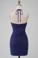 Laden Sie das Bild in den Galerie-Viewer, Navy Bodycon Neckholder-Korsett, gerafftes Homecoming-Kleid mit Perlen
