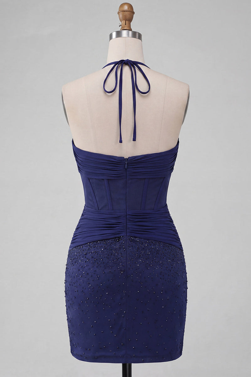 Laden Sie das Bild in den Galerie-Viewer, Navy Bodycon Neckholder-Korsett, gerafftes Homecoming-Kleid mit Perlen