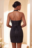 Laden Sie das Bild in den Galerie-Viewer, Lila Bodycon Neckholder-Halsausschnitt mit Spitzen-Homecoming-Kleid mit Rüschen