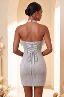 Laden Sie das Bild in den Galerie-Viewer, Lila Bodycon Neckholder-Halsausschnitt mit Spitzen-Homecoming-Kleid mit Rüschen
