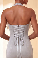 Laden Sie das Bild in den Galerie-Viewer, Lila Bodycon Neckholder-Halsausschnitt mit Spitzen-Homecoming-Kleid mit Rüschen