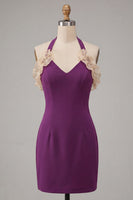 Laden Sie das Bild in den Galerie-Viewer, Lila Bodycon Neckholder-Halsausschnitt mit Spitzen-Homecoming-Kleid mit Rüschen