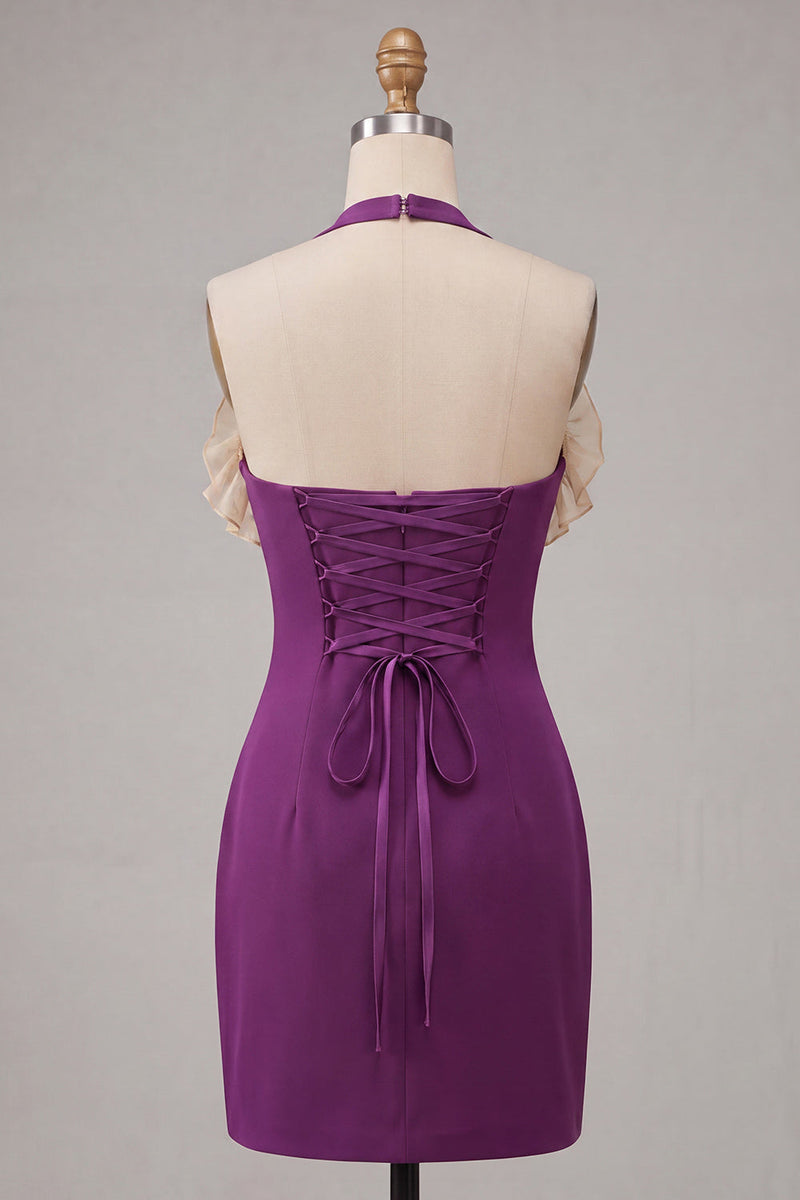 Laden Sie das Bild in den Galerie-Viewer, Lila Bodycon Neckholder-Halsausschnitt mit Spitzen-Homecoming-Kleid mit Rüschen