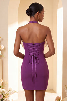 Lila Bodycon Neckholder Halsausschnitt mit Spitzen Kurzes Abendkleid mit Rüschen