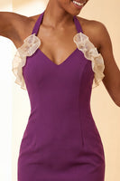 Laden Sie das Bild in den Galerie-Viewer, Lila Bodycon Neckholder-Halsausschnitt mit Spitzen-Homecoming-Kleid mit Rüschen