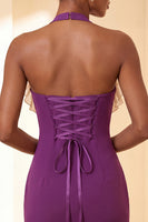 Laden Sie das Bild in den Galerie-Viewer, Lila Bodycon Neckholder-Halsausschnitt mit Spitzen-Homecoming-Kleid mit Rüschen
