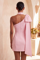 Laden Sie das Bild in den Galerie-Viewer, Bodycon einschulterfarbenes hellblaues Perlenschleifen-Homecoming-Kleid mit Seitenumhang