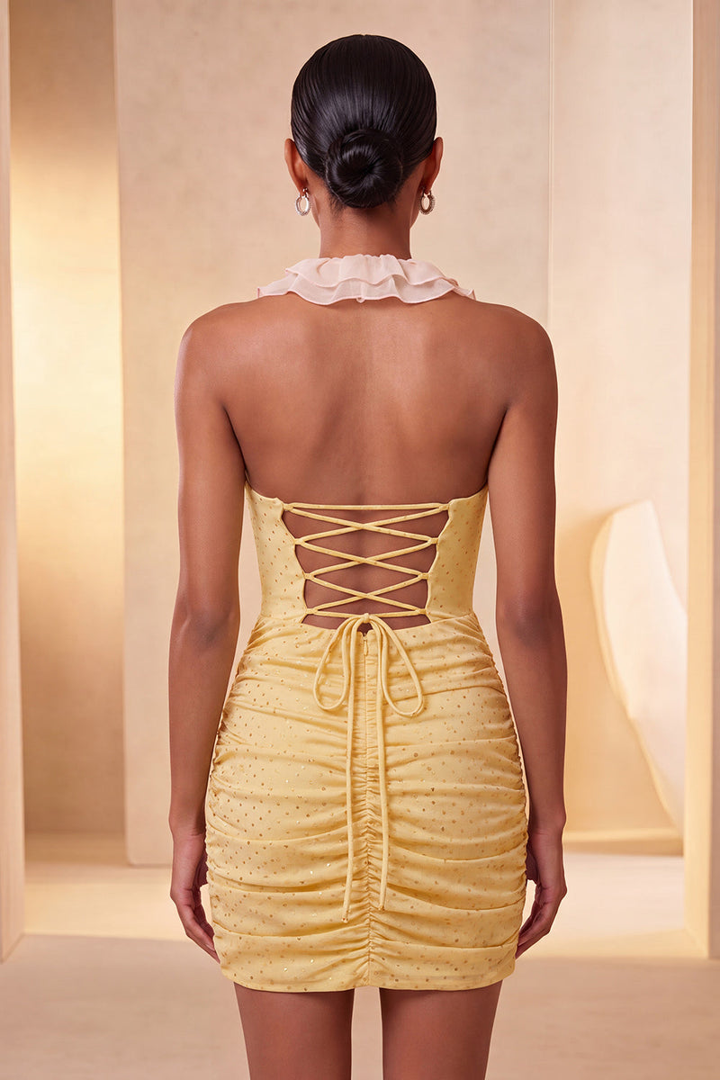 Laden Sie das Bild in den Galerie-Viewer, Halterhals Rotes Bodycon Gerafftes Rüschendes Glitzer Kurzes Abendkleid mit Schnürung