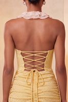 Laden Sie das Bild in den Galerie-Viewer, Halterhals Rotes Bodycon Gerafftes Rüschendes Glitzer Kurzes Abendkleid mit Schnürung