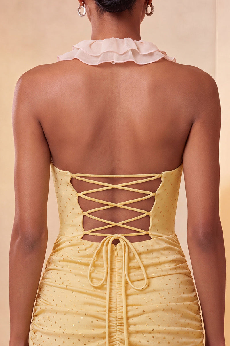 Laden Sie das Bild in den Galerie-Viewer, Halterhals Rotes Bodycon Gerafftes Rüschendes Glitzer Kurzes Abendkleid mit Schnürung