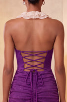 Laden Sie das Bild in den Galerie-Viewer, Halterhals Rotes Bodycon Gerafftes Rüschendes Glitzer Kurzes Abendkleid mit Schnürung