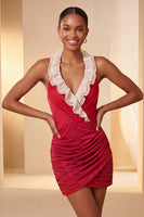 Laden Sie das Bild in den Galerie-Viewer, Halterhals Rotes Bodycon Gerafftes Rüschendes Glitzer Kurzes Abendkleid mit Schnürung