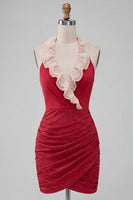 Laden Sie das Bild in den Galerie-Viewer, Halterhals Rotes Bodycon Gerafftes Rüschendes Glitzer Kurzes Abendkleid mit Schnürung