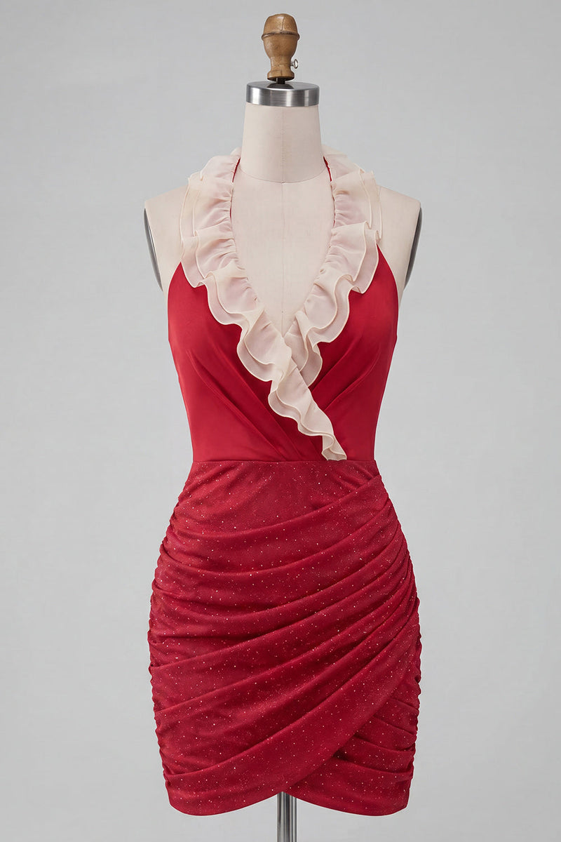 Laden Sie das Bild in den Galerie-Viewer, Halterhals Rotes Bodycon Gerafftes Rüschendes Glitzer Kurzes Abendkleid mit Schnürung