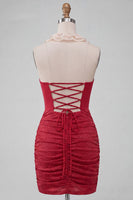 Laden Sie das Bild in den Galerie-Viewer, Halterhals Rotes Bodycon Gerafftes Rüschendes Glitzer Kurzes Abendkleid mit Schnürung
