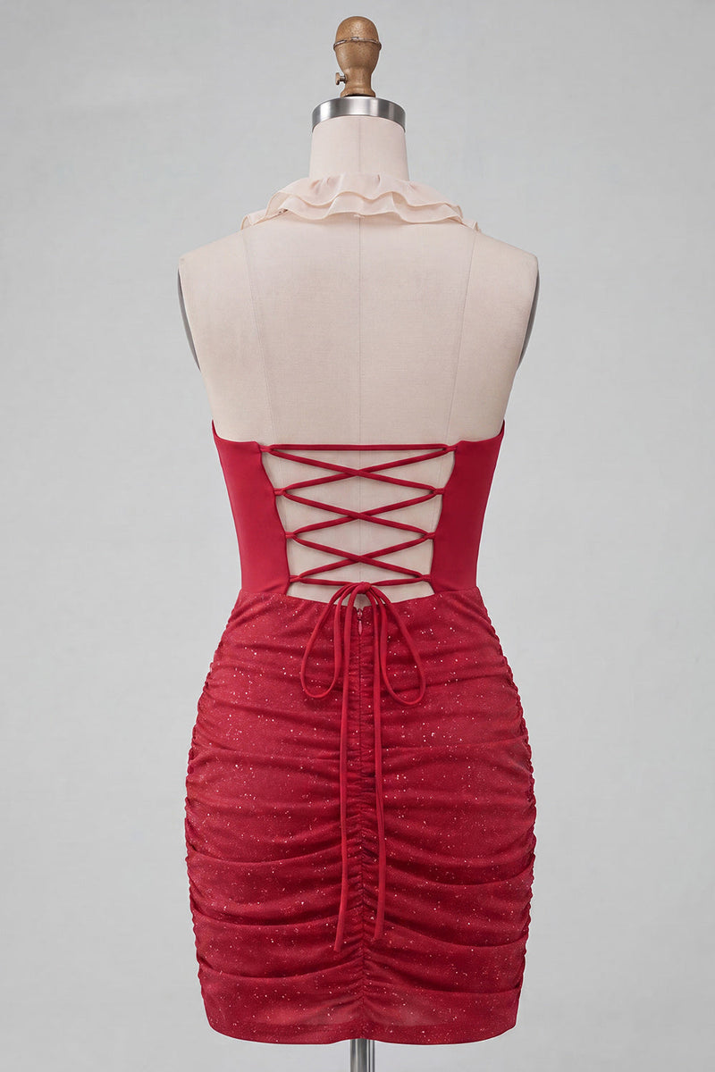 Laden Sie das Bild in den Galerie-Viewer, Halterhals Rotes Bodycon Gerafftes Rüschendes Glitzer Kurzes Abendkleid mit Schnürung