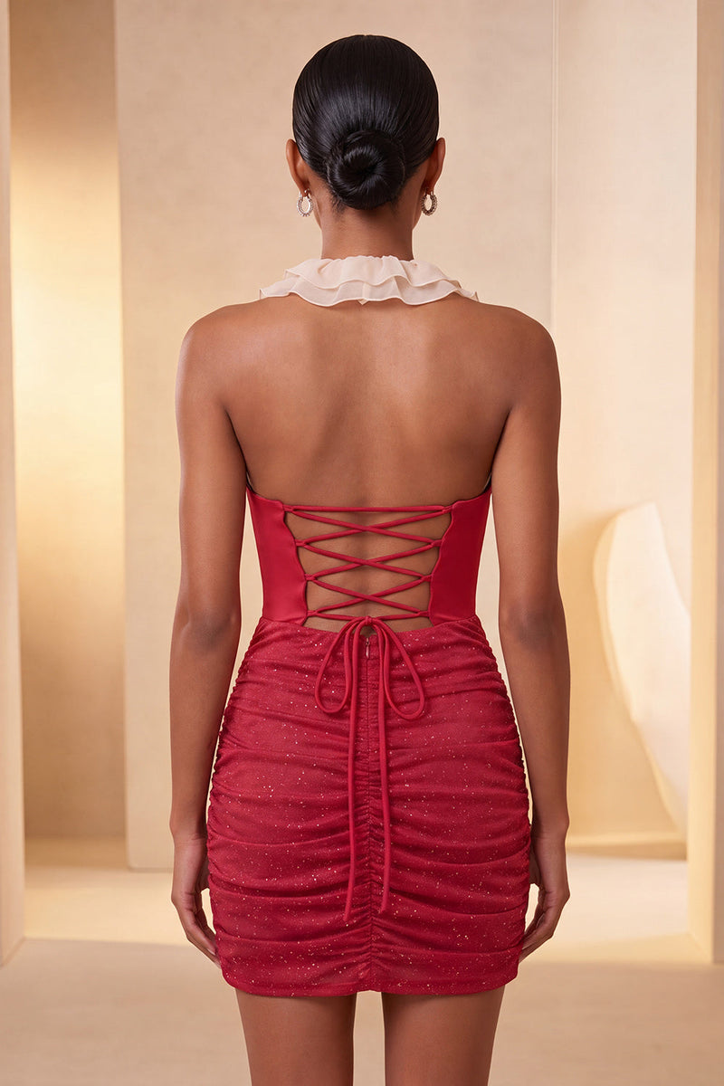 Laden Sie das Bild in den Galerie-Viewer, Halterhals Rotes Bodycon Gerafftes Rüschendes Glitzer Kurzes Abendkleid mit Schnürung