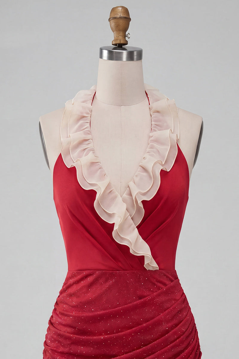 Laden Sie das Bild in den Galerie-Viewer, Halterhals Rotes Bodycon Gerafftes Rüschendes Glitzer Kurzes Abendkleid mit Schnürung